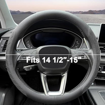 LKWLIKEI Nappa Leather Steering Wheel Cover, Elegant Diamond Checkered Design, Non-Slip wear-Resistant, Enhance Driving Comfort, Suitable for Steering Wheel Diameter 14 1/2‘-15’ Models.Black