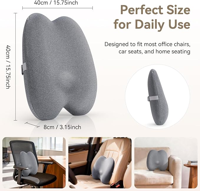Dense Lumbar Support Pillow for Office Chair, Ergonomic Memory Foam Back Support Pillow for Lower Back Pain Relief, Lumbar Cushion for Chair, Car Seat, Gaming Chair, Adjustable Straps, Grey