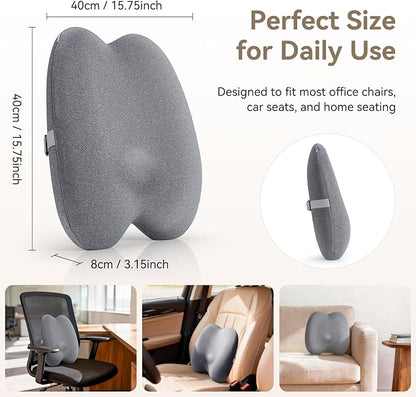 Dense Lumbar Support Pillow for Office Chair, Ergonomic Memory Foam Back Support Pillow for Lower Back Pain Relief, Lumbar Cushion for Chair, Car Seat, Gaming Chair, Adjustable Straps, Grey