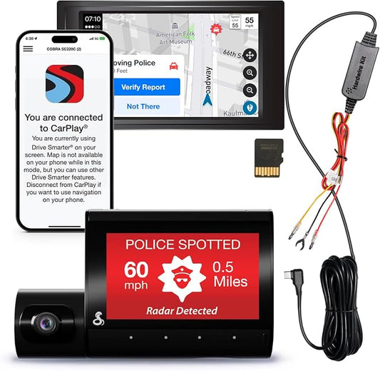 Cobra SC 220C Smart Dash Cam + Cobra 2.5A Micro USB Adapter Hardwire Kit