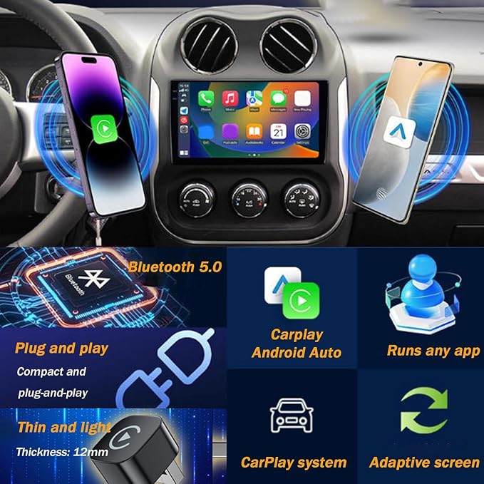 Wireless Carplay Adapter for Dodge Challenger Charger 2017-2023, Plug and Play Car Play Wireless Adapter, 2 in 1 CarPlay Accessories, Auto Reconnect,A