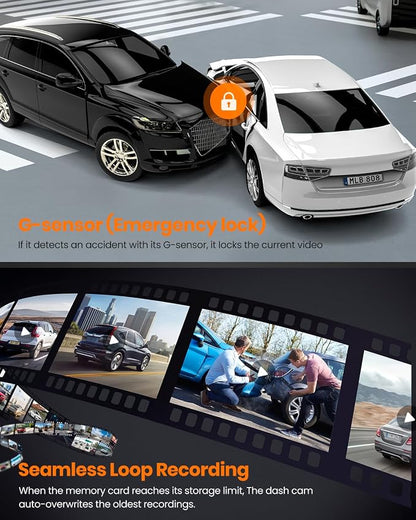 4K Dash Cam Front and Rear, Built-in WiFi GPS, 3" IPS Screen, HDR Night Vision Dash Camera for Cars, G-Sensor App Control, Emergency Lock, Accident Record, Parking Mode, Support 512GB Max