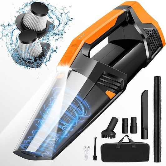 Blestan Car Vacuum Portable with LED Light, High Power Suction, Lightweight Rechargeable Hand Vacuum, Hand Held Vacuum Cleaner for Car Home Office, Pet Hair, Orange