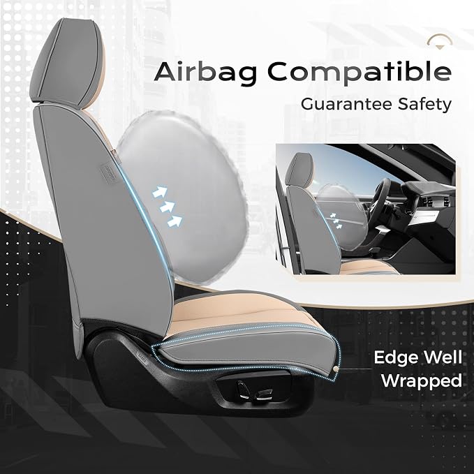 Coverado Seat Covers, Car Seat Covers Full Set, Leather Seat Covers for Cars, Car Seat Protector, Gray Car Seat Covers Front Seats and Back Seats Universal Fit for Most Cars Beige