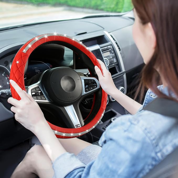 Diamond Steering Wheel Cover，with Bling Crystal Rhinestone, Delicate and Anti-Slip Sparkly Steering Wheel Cover ，Adaptable to 14.5-15 inches Car Wheel Protector for Women Girl，Car Accessories, Red
