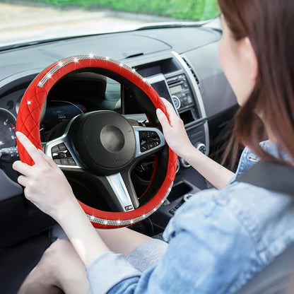 Diamond Steering Wheel Cover，with Bling Crystal Rhinestone, Delicate and Anti-Slip Sparkly Steering Wheel Cover ，Adaptable to 14.5-15 inches Car Wheel Protector for Women Girl，Car Accessories, Red