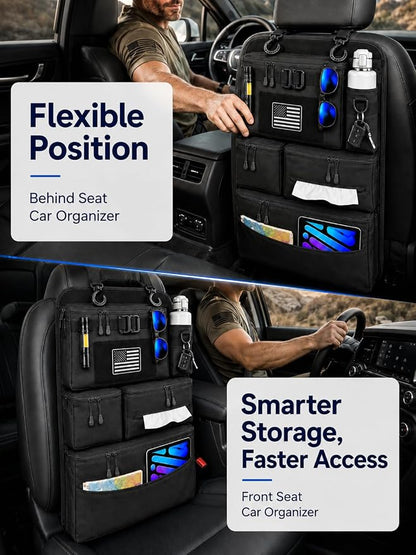 Backseat Car Organizer, Heavy Duty Tactical MOLLE Car Seat Back Organizer with 6 Pockets, 2 Sturdy Hooks, 2 D-Ring Clips, US Flag Patch & Hook Loop Panel, Universal Fit for Car SUV Truck Jeep Ford