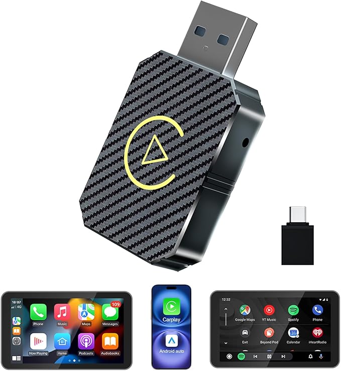 Wireless CarPlay Adapter 2026 Upgraded,CarPlay & Android Auto 2-in-1, Mini USB Design for Cars with Wired CarPlay,Fast Auto-Connect,Plug & Play,for iOS 10+, Android 11+ Version(Carbon Fiber Color)