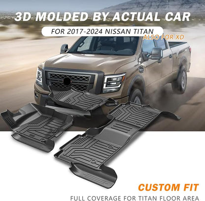 KUST Custom Fit Floor Mats for 2017-2024 Nissan Titan / 2016-2024 Nissan Titan XD Crew Cab (with Rear Under Seat Organizer) All Weather Floor Liners 5D 1st & 2nd Row Carpet Liners Black