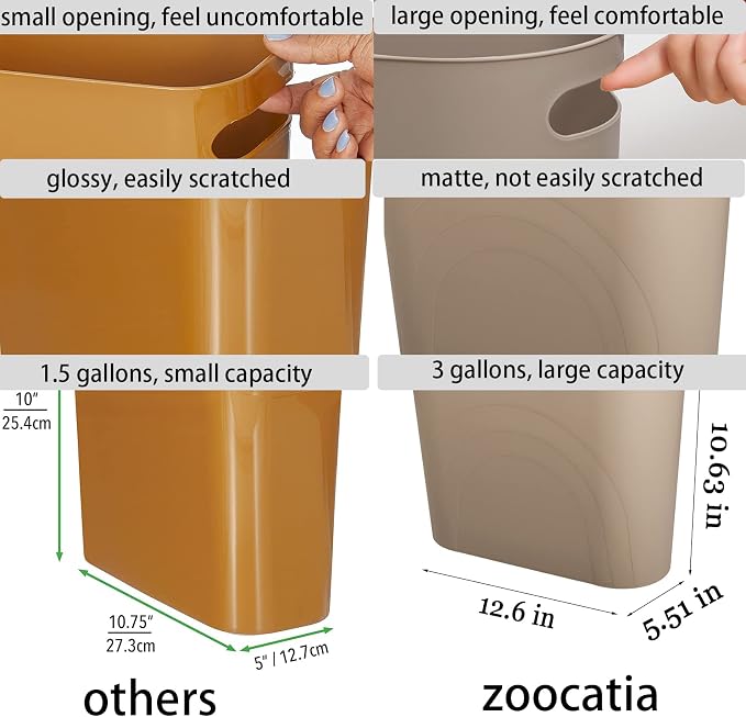 zoocatia Small Trash Can Garbage Can Container Bin with Handles 3 Gallons Plastic Wastebasket for Bathrooom, Bedroom, Office, Kitchen, Laundry Room, Dorm Room - Khaki