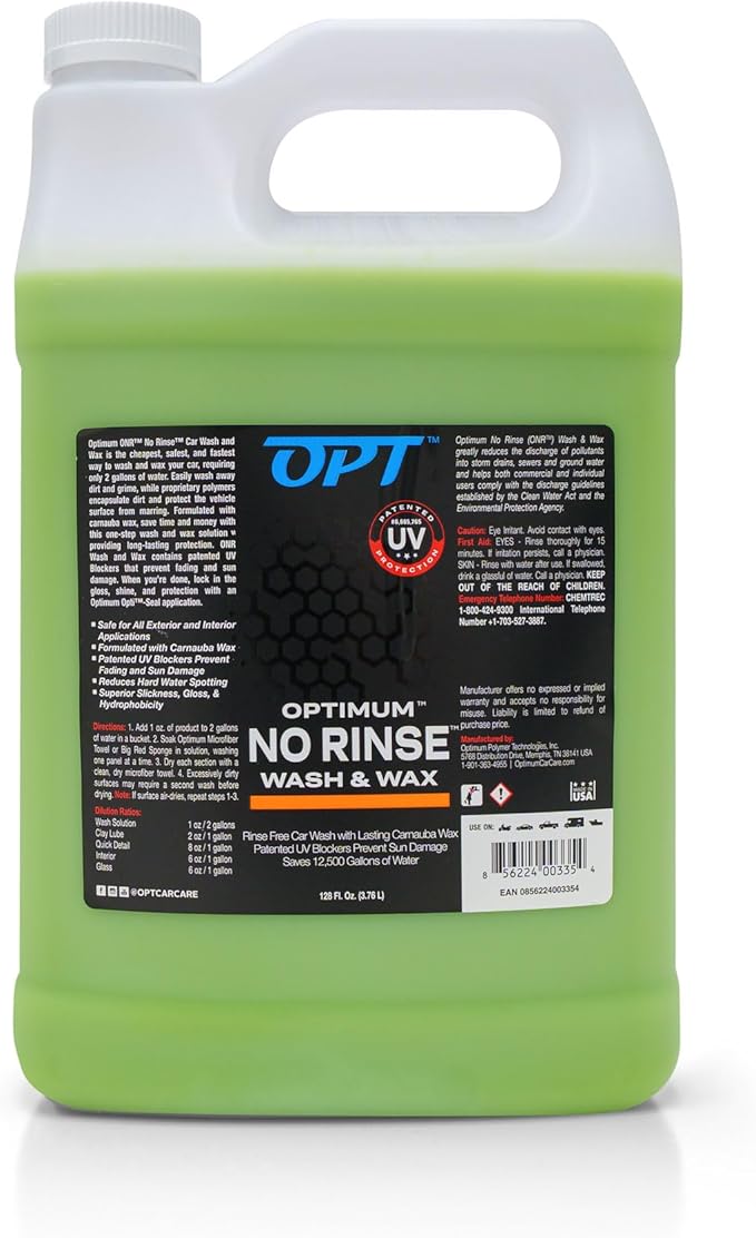 Optimum No Rinse Wash and Wax – Rinseless Car Wash Formulated with Carnauba Wax with UV Protection - For Cars, RVs, Trucks, Motorcycles and more (1 Gallon)