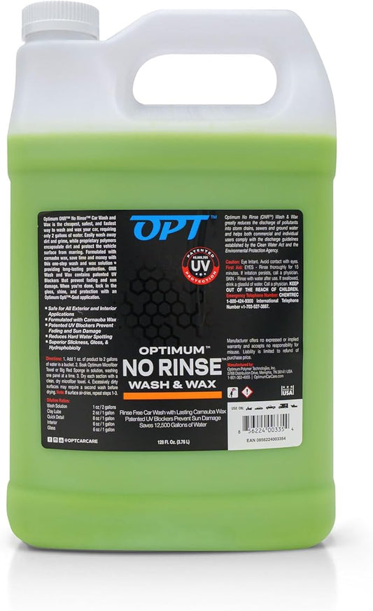 Optimum No Rinse Wash and Wax – Rinseless Car Wash Formulated with Carnauba Wax with UV Protection - For Cars, RVs, Trucks, Motorcycles and more (1 Gallon)