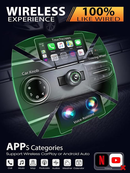 Wireless CarPlay Adapter & Android Auto Adapter, One-Click User Switch, Fast & Stable, Converts Wired to Wireless, Stable Connection Car Play Dongle for iOS 10+ / Android 11+ (Gray)