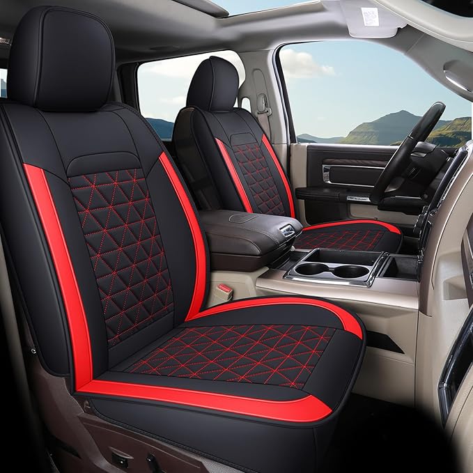 Coverado Seat Covers for Dodge Ram Full Set, Waterproof Truck Car Seat Cover Protectors Custom Fit for 2002-2026 Dodge RAM 1500 2500 3500 with Curved Bench(Red)