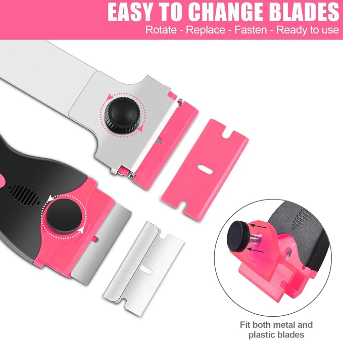 NECAMOCU 4 Pack Razor Blade Scraper, Premium Cleaning Scraper Tool with 50 PCS Metal & Plastic Razor Blades, Multi-Purpose Glass Scraper for Windows, Sticker, Decals, Cooktop, Paint Removal (Pink)