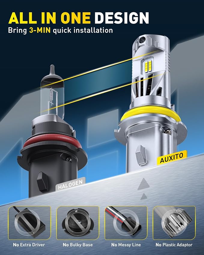 AUXITO Latest 9007 HB5 Head1ight Bulbs, 50,000LM 1000% Ultra-Bright, 20 Years Lifespan, 6500K Cool White, 3 Min Quick Install, No Flicker, 99% Compatibility, Pack of 2
