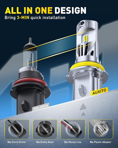 AUXITO Latest 9007 HB5 Head1ight Bulbs, 50,000LM 1000% Ultra-Bright, 20 Years Lifespan, 6500K Cool White, 3 Min Quick Install, No Flicker, 99% Compatibility, Pack of 2
