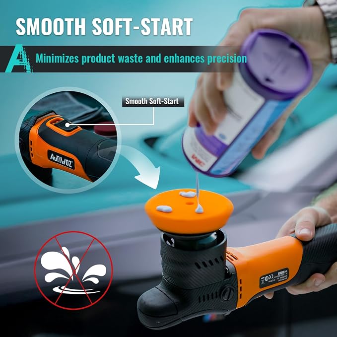 AUTIWOZ Mini Polisher, 2/3Inch Small Buffer Polisher, 630W with 12mm Random Orbital, Dual Action Car Polishers and Buffers for Car Detailing, Headlight Polishing, 2500-7000RPM with Soft Start, W02