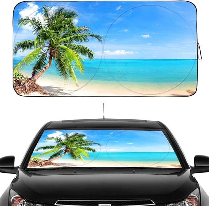 Gven Windshield Sun Shade for Car Front Window Cover Sunshades Visor Automotive Sun Shield for Full-Size Sedan & SUV, Mid-Size SUV, Sports Cars Mid-Size Pickup Truck Car Accessories (Palm Tree, L)