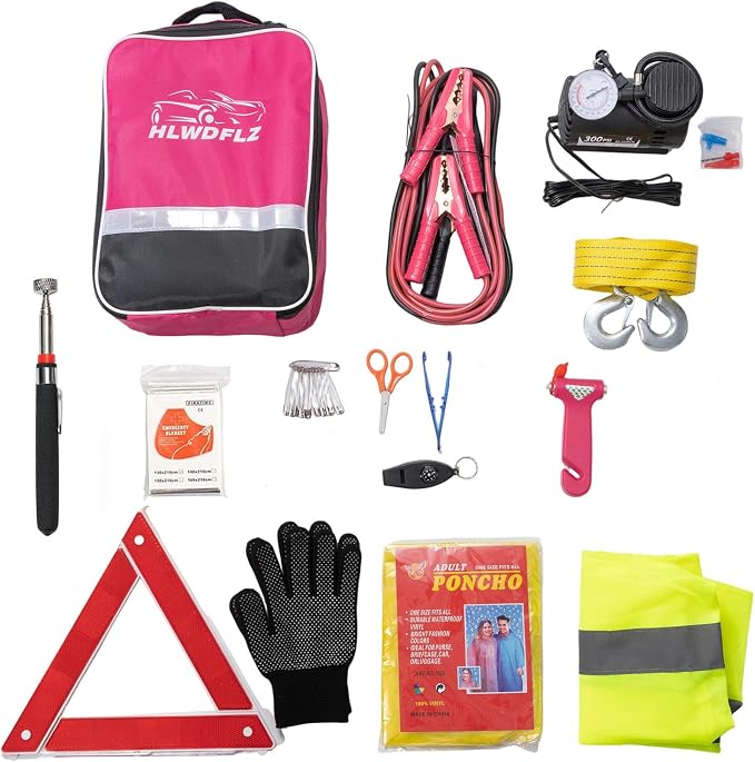 Car Emergency Kit with Portable Air Compressor, Jumper Cables, Tow Straps – Roadside Emergency Safety Tool for Vehicles, Trucks, SUVs Pink