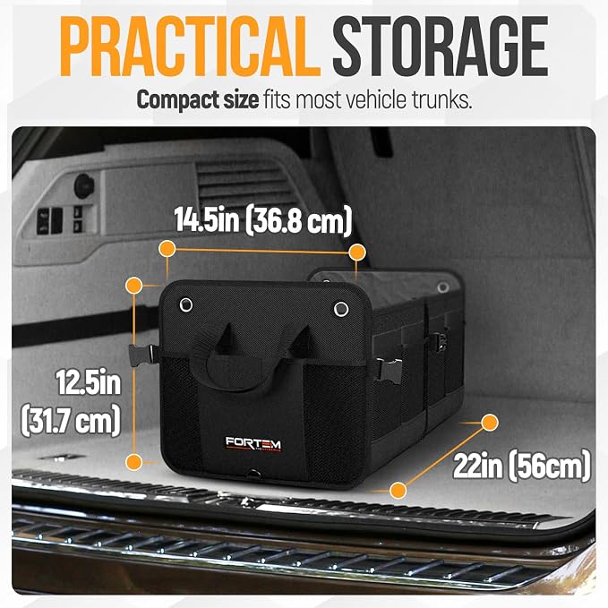 FORTEM Trunk Organizer For SUV Car Organizer and Storage, Multi-Compartment Storage Bag Car Accessories for Women Men, Perfect Christmas Gifts, 1680D Oxford, Non Slip Bottom, Straps, Soft Cover (50L)