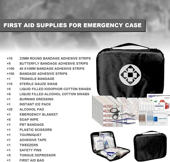 300Piece Travel First Aid Emergency Kit Home Essentials Hiking Survival Essential Kit for Outdoor Adventure Mini First Aid Kit for Backpack, Black 1st Aid