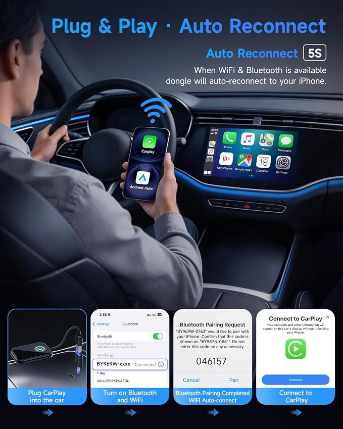 Smarter CarPlay Pro – 2-in-1 Wireless CarPlay & Android Auto Adapter, WiFi 6 & BT 5.4, Zero Latency Real-time Transmission, 5s Auto-Reconnect, Plug & Play, 98% Cars Compatible (2015+)