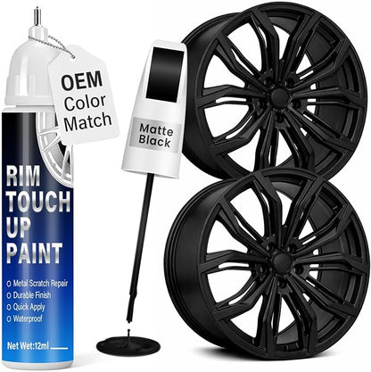 Matte Black Rim Touch Up Paint, 2-in-1 Brush & Tip, 0.4 fl oz - Universal Black Rim Curb Rash Repair Kit for Scratches, Scuffs Alloy/Metal Wheels, OEM Color Match, Quick-Dry & Long-Lasting