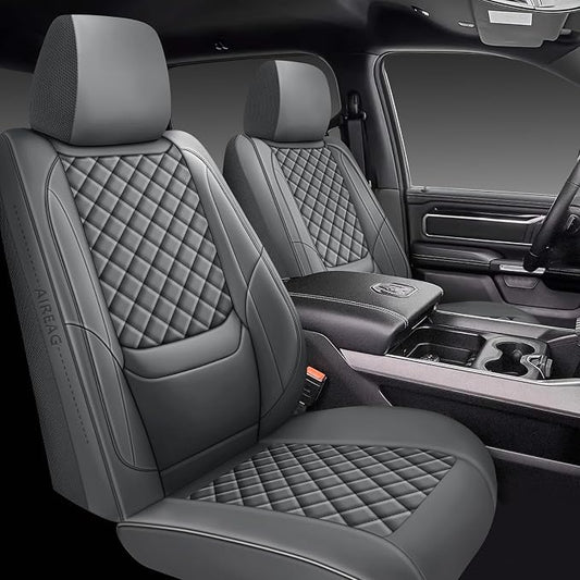 Ram 1500 Seat Covers 2019-2026 Full Set, Truck Interior Sets with Lumbar Support Custom Fit for Dodge Ram 1500/2500/3500 Crew/Mega Cab with Rear Flat Bench, Gray