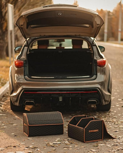Owleys Rear Cargo Organizer For SUV | Set Of 17.7" & 21.6" Eco-Leather Crates | Foldable Car Storage With Magnetic Lids | Durable Car Trash Bin & Tote | Stylish Gifts For Boyfriend | Black-Brown