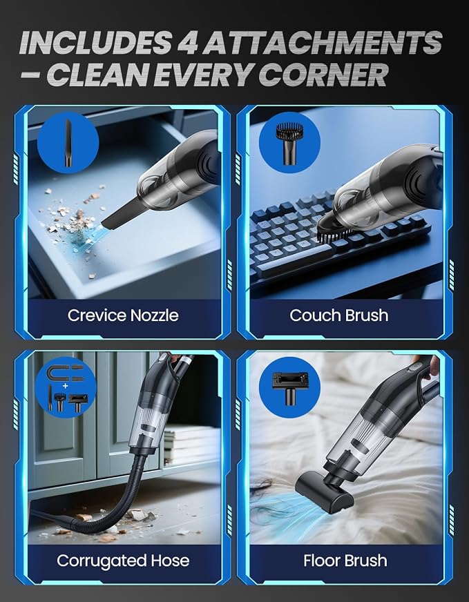 Handheld Vacuum Cordless, 26,000 Pa High Power Suction, Portable Rechargeable Car Vacuum Cleaner for Home, Office, Pet Hair, Car Detailing, Black
