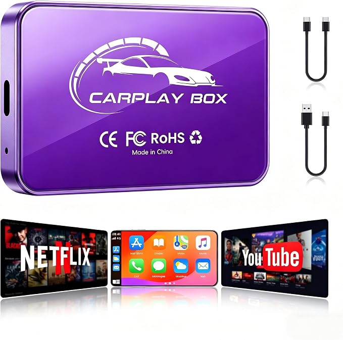Wireless CarPlay Adapter Android Auto Dongle, 3-in-1 Magic AI Video Box for OEM Wired Cars, Built-in Netflix/YouTube for Streaming, 5.8GHz WiFi & Bluetooth 5.3, Convert Wired to Wireless, Violet