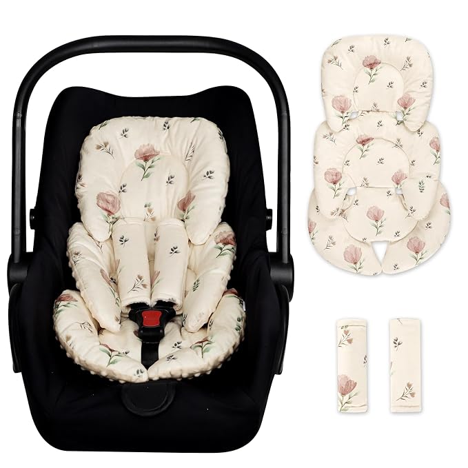 Infant Car Seat Insert with 2 Strap Pads, Super Soft Carseat Head and Body Support for Baby Boys and Girls, Reversible Newborn Car Seat Insert Cushion for Strollers, Bouncers, Swing, Simple flowers