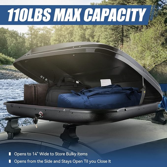 Auto Dynasty Hard Shell Roof Top Mount Car Storage Travel Luggage Box Cargo Carrier, 53 (L) x 34 (W) x 15 (H) Inches, Capacity 110 Pounds, 11 Cubic Feet (Tool-Free Install), Glossy Black Finish