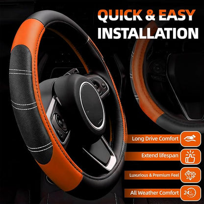 NBTEPEM 6 Pcs Orange Car Accessories Set, Sport Leather Steering Wheel Cover 14.5-15inch Universal, Microfiber Leather Car Center Console Cover, Seat Belt Cushion, Cup Holder Coaster (Black-Orange)