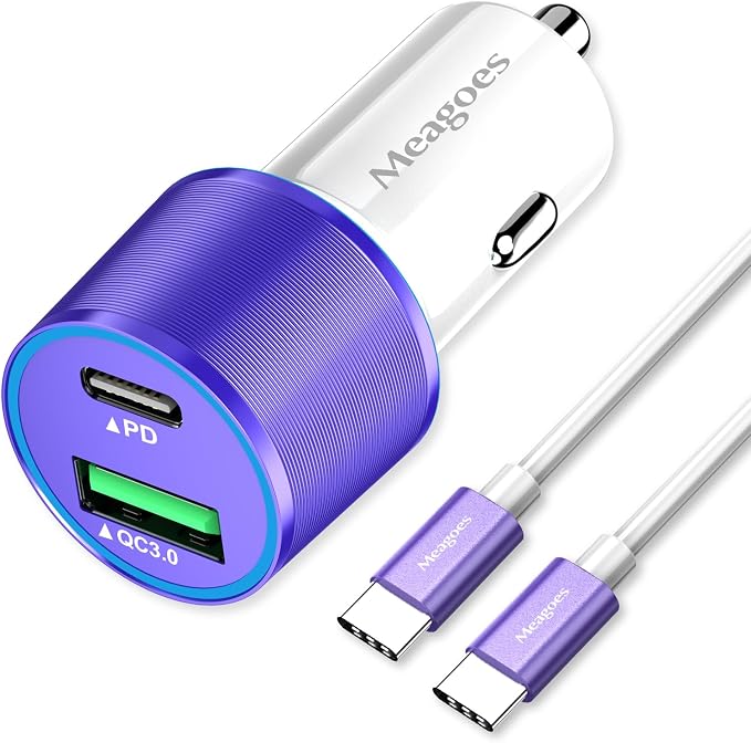 67.5W Purple Car Charger USB C Super Fast Charging, 45W USBC&QC3.0 Port Plug for iPhone 17 Pro Max/Air/16/15/iPad, Samsung S26 Android Cell Phone, Dual 12V Cigarette Lighter Adapter+3.3ft Type C Cable