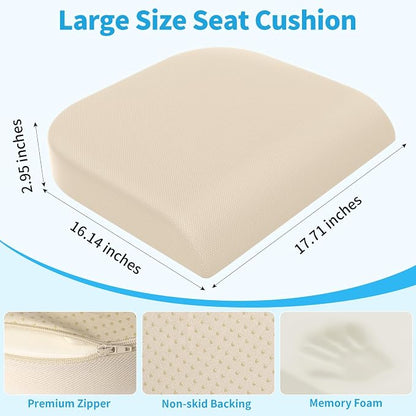 TranquilRelax Large Seat Cushion, Memory Foam Cushion for Long Sitting Hours on Office Chair, Home & Car, Non-Slip Chair Pad for Relieving Back & Sciatica & Hip & Coccyx Pain (Khaki)
