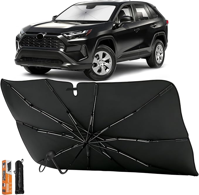 Foldable Car Windshield Sun Shade Umbrella with Rearview Mirror Notch, Titanium Silver UV Blocker for Heat Reduction, Bendable Handle & Anti-Scratch Tips, Fits Sedan SUV (Large 57"x33")