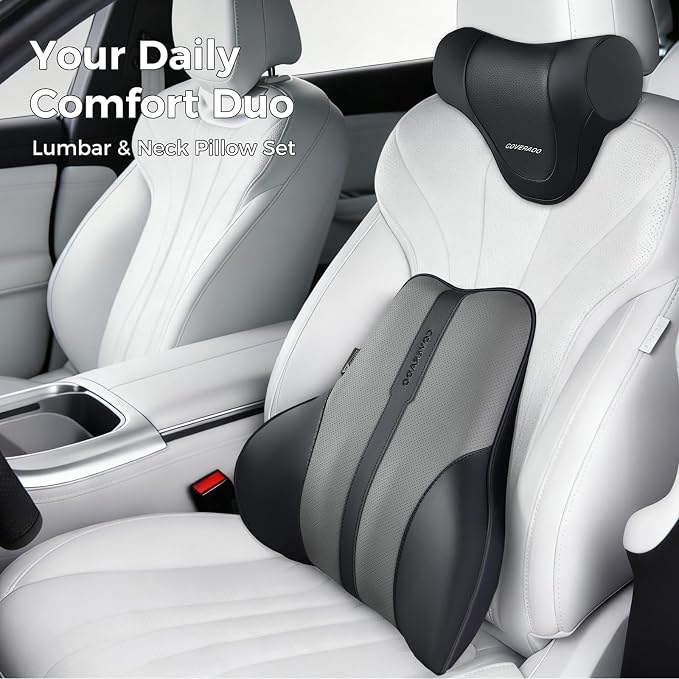 Coverado Lumbar Support Pillow for Car, Ergonomic Memory Foam Back Pillow for Office Chair, Back Cushion for Back Pain Relief, PU Leather Car Lumbar Support for Driving Seat - Black&Gray