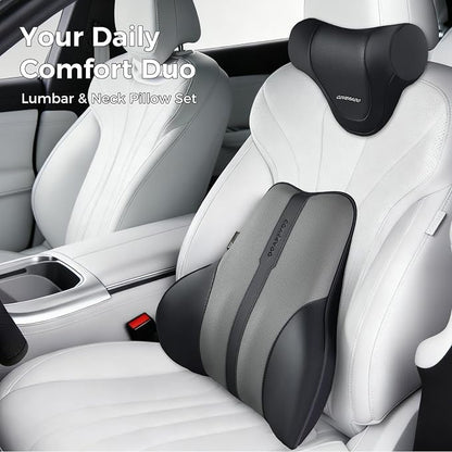 Coverado Lumbar Support Pillow for Car, Ergonomic Memory Foam Back Pillow for Office Chair, Back Cushion for Back Pain Relief, PU Leather Car Lumbar Support for Driving Seat - Black&Gray