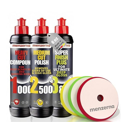 Menzerna Polishing Set 8oz – HCC1000, MCC2500 & SFP3800 | 3-Step System incl. 3 Matching 6-inch Pads for Scratch Removal, Swirl Elimination & Mirror-Like Finish