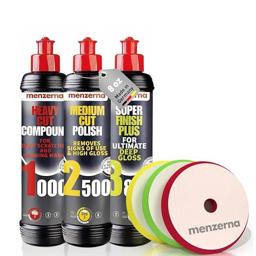 Menzerna Polishing Set 8oz – HCC1000, MCC2500 & SFP3800 | 3-Step System incl. 3 Matching 6-inch Pads for Scratch Removal, Swirl Elimination & Mirror-Like Finish