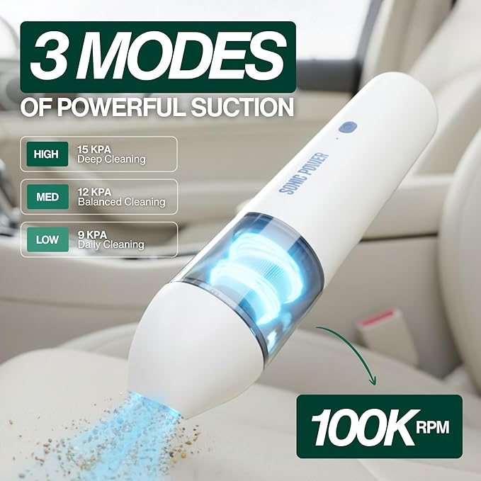 SonicPower Portable Cordless Car Vacuum, 15000Pa High Suction Handheld Vacuum Cleaner, 2-in-1 Vacuum & Blower, with 4 Attachments & Portable Storage Bag for Car, Home, Pet & Office (White & Blue)