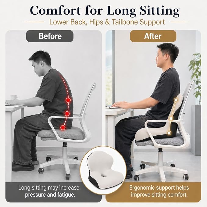 Memory Foam Office Chair Cushion with Back Support, Ergonomic Seat Cushion for Office Chair and Car Seat, Pressure Relief for Long Sitting (Light Grey)