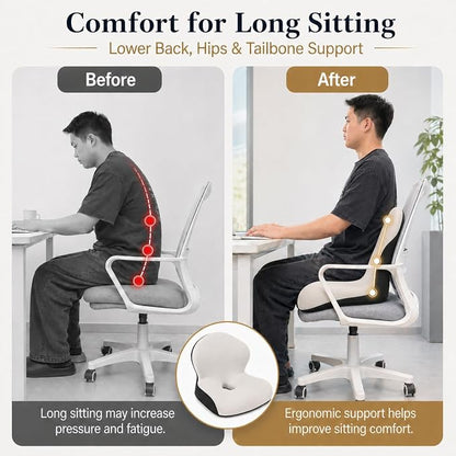 Memory Foam Office Chair Cushion with Back Support, Ergonomic Seat Cushion for Office Chair and Car Seat, Pressure Relief for Long Sitting (Light Grey)