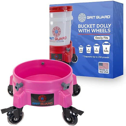 GRIT GUARD Bucket Dolly with Wheels - Rolling Detailing Wash Bucket with 5 Wheels and 2 Locking Casters Compatible with 2.5, 4, 5 and 6 Gallon Buckets (Pink, 3" Roller Bearing) - Made in the USA