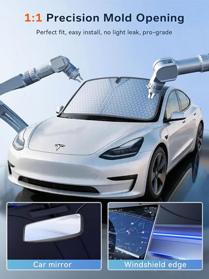 [2026 Upgraded] FOURDOPLI Graphene Dual-Layer Car Windshield Sun Shade for 2016-2026 Tesla Model S, Foldable car Window Shades with Includes Storage Bag, Block UV Rays Keep Car Cool