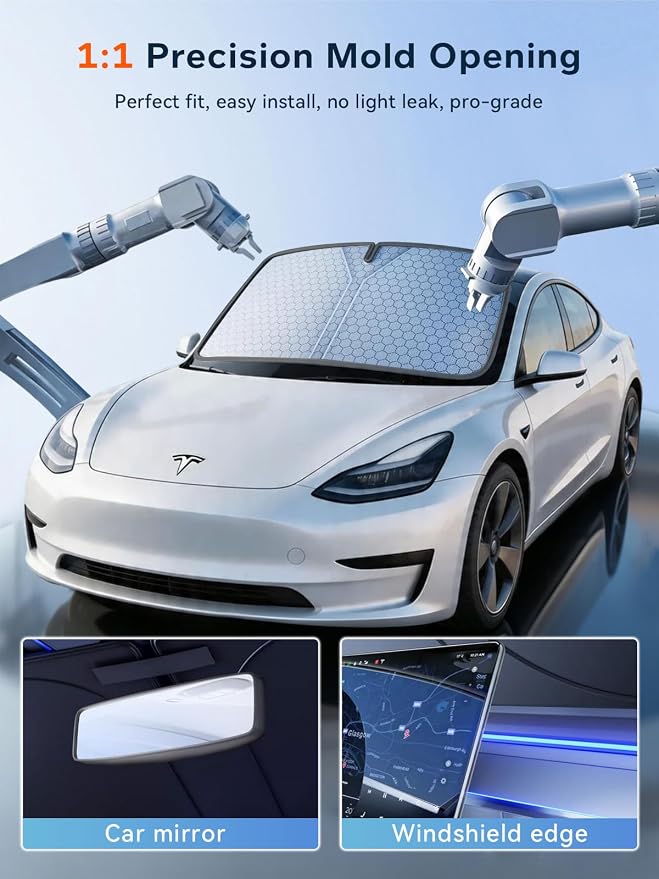 [2026 Upgraded] FOURDOPLI Graphene Dual-Layer Car Windshield Sun Shade for 2016-2026 Tesla Model Y & Model 3, Foldable car Window Shades with Includes Storage Bag, Block UV Rays Keep Car Cool