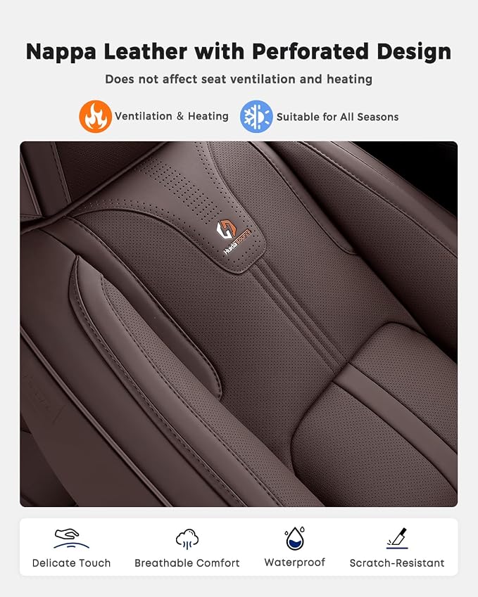 Huidasource Coffee Front Seat Cover Luxury Nappa Leather, Front Car Seat Cover with Airbag, Front Storage Pocket, Lumbar Support, Cooling＆Heating, Universal Fit for Most Cars SUV Trucks, Coffee
