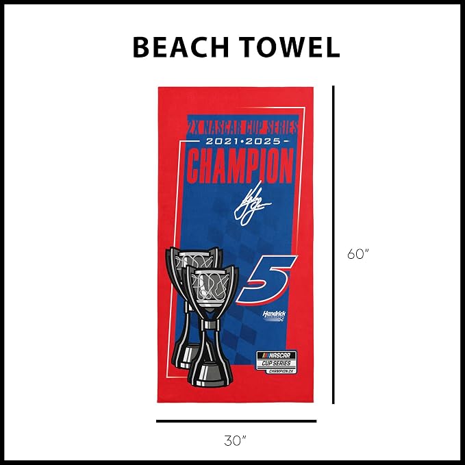 Northwest NASCAR Kyle Larson 2025 Cup Series Champion Beach Towel, Cotton Blend Lightweight Bath, Pool Swim Travel Fan Gear, 30 x 60 Inch